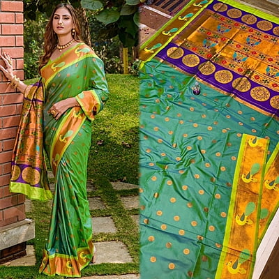 Paithani Silk Saree-BottleGreen