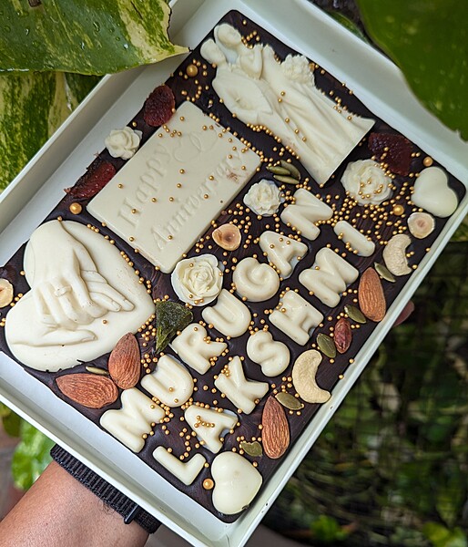 Name Customized Anniversary Slab With Nuts & Dry Fruits - Dark Chocobar