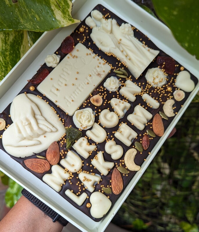 Name Customized Anniversary Slab With Nuts & Dry Fruits - Dark Chocobar