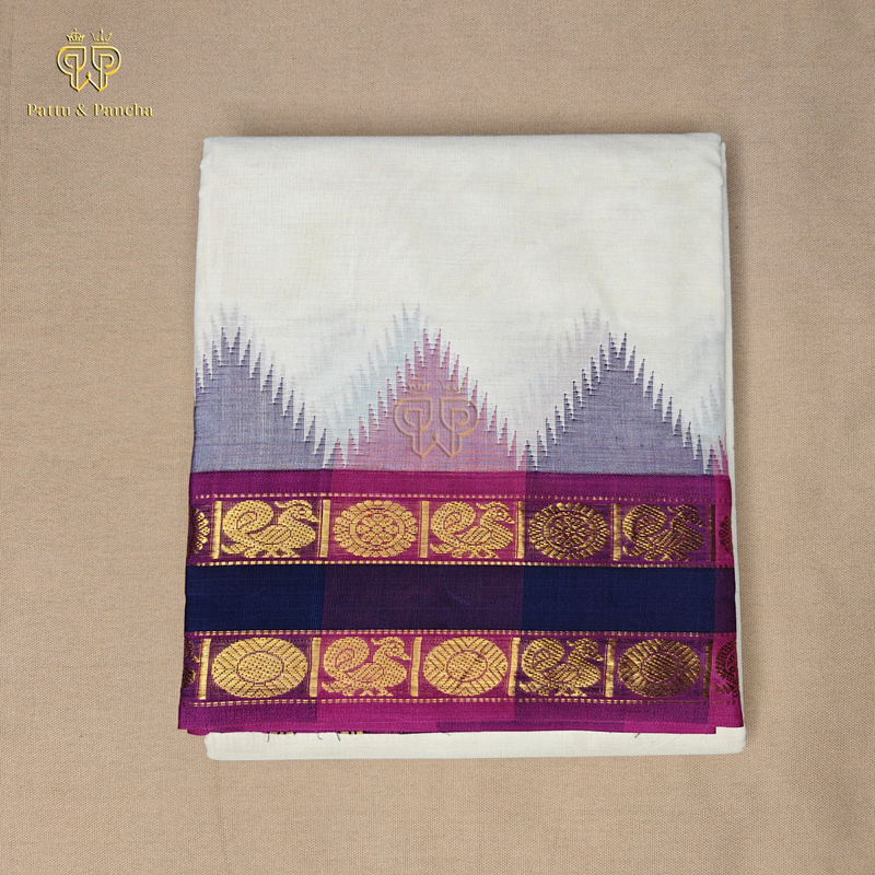 Pure Cotton Panchakacham Off white Dhoti with Purple and Blue Retta Pet Border