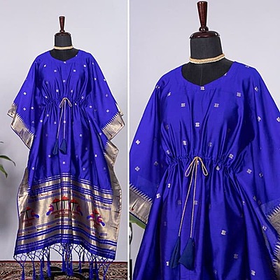 Paithani Silk Kaftan With Weaving Border-Blue Paithani Silk Kaftan With Weaving Border-Blue