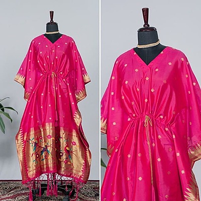 Paithani Silk Kaftan With Weaving Border-Magenta Paithani Silk Kaftan With Weaving Border-Magenta