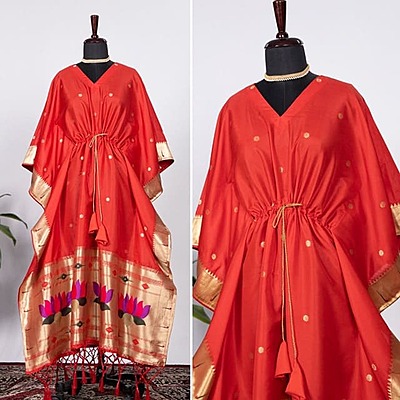 Paithani Silk Kaftan With Weaving Border-Orange Paithani Silk Kaftan With Weaving Border-Orange