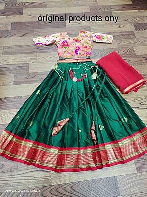 Paithani Silk Lehenga For Girls - BottleGreen - 2