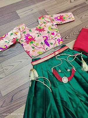 Paithani Silk Lehenga For Girls - BottleGreen - 3