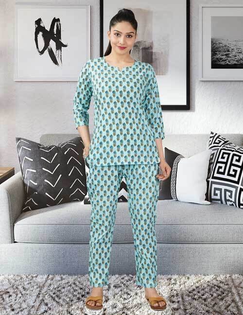 Parijaths Cotton Night Suit Floral Pyjama Set Aqua Blue Parijaths Cotton Night Suit Floral Pyjama Set Aqua Blue