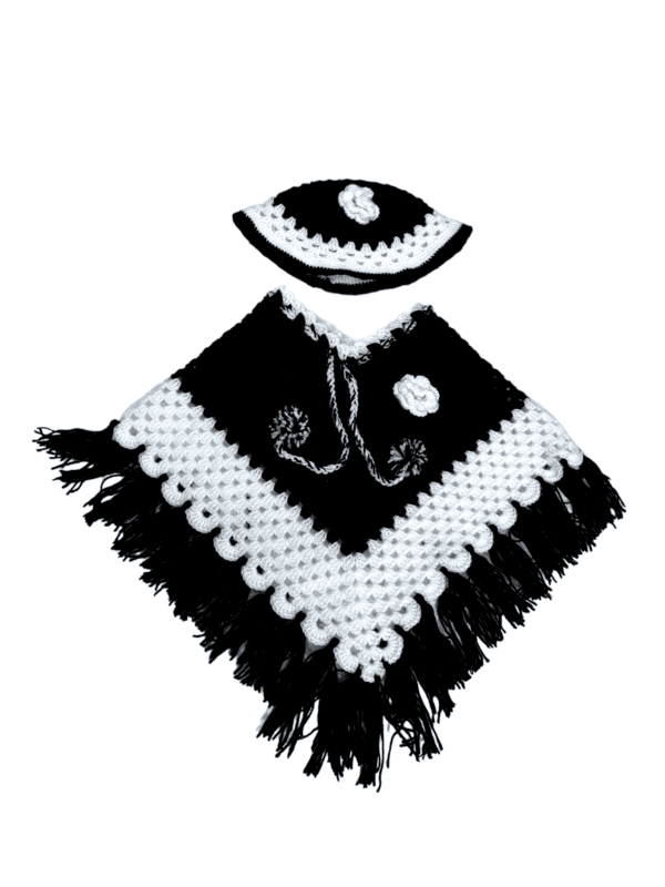 EELIKA Handknitted black and white woolen poncho with cap for kids between 6 months and 1 year || winterwear || beautiful design and excellent finish and amazing crotchet work