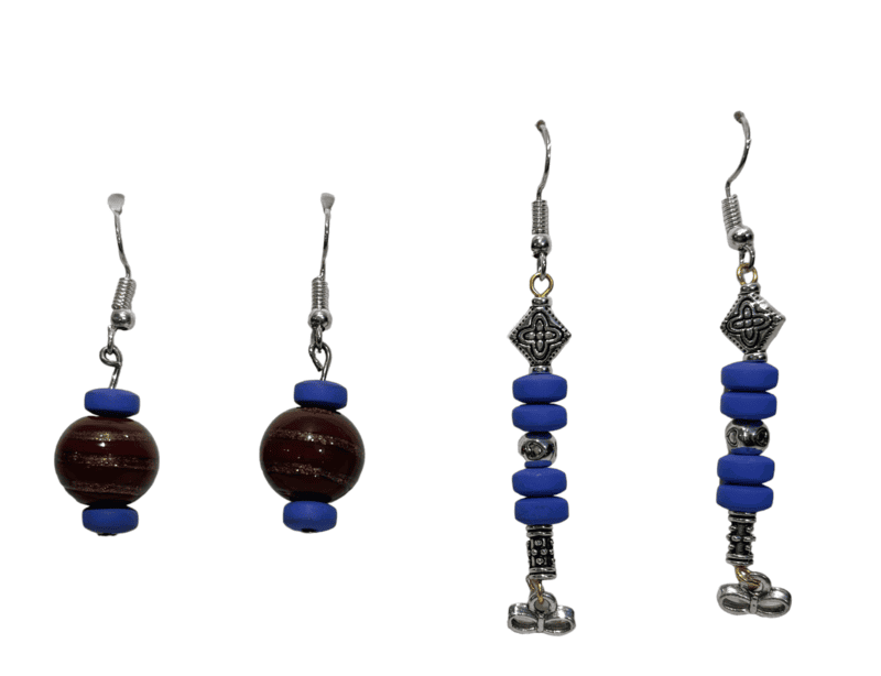 Set of 2 earrings with brownish and blue beads and silver charm || drop and dangle design || for office , parties and home