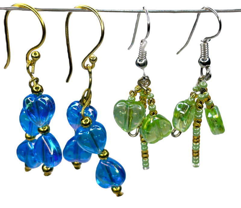 Set of 2 earrings with beautiful beads and green and blue colored heart shaped translucent charms || drop and dangle design || for office , parties and home