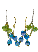 Set of 2 earrings with beautiful beads and green and blue colored heart shaped translucent charms || drop and dangle design || for office , parties and home