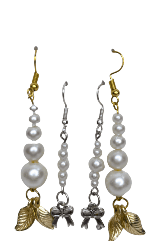 Set of 2 earrings with silver colored beads with leaf shaped golden charm and tie shaped silver charm || drop and dangle design || for office , parties and home