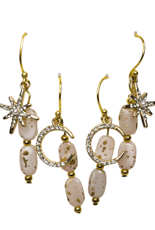 EELIKA set of 2 earrings in beige colored beads with golden charms || drop and dangle design || for office , parties and home