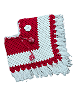 Handknitted red and white woolen poncho with cap for kids between 1 and 2 years || winterwear || beautiful design and excellent finish and amazing crotchet work
