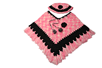 Handmade Woolen Crochet Poncho for Kids 6-7 Years, Pink and Black