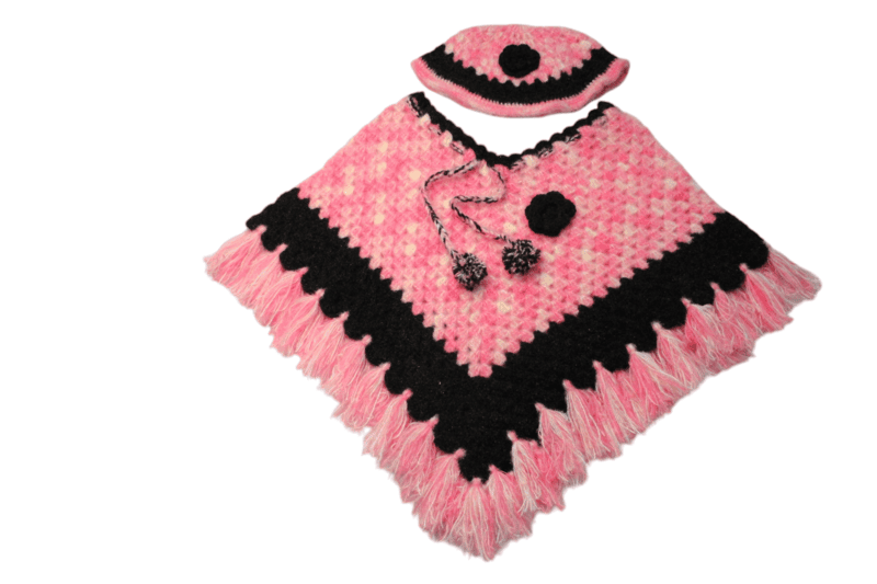 Handmade Woolen Crochet Poncho for Kids 6-7 Years, Pink and Black