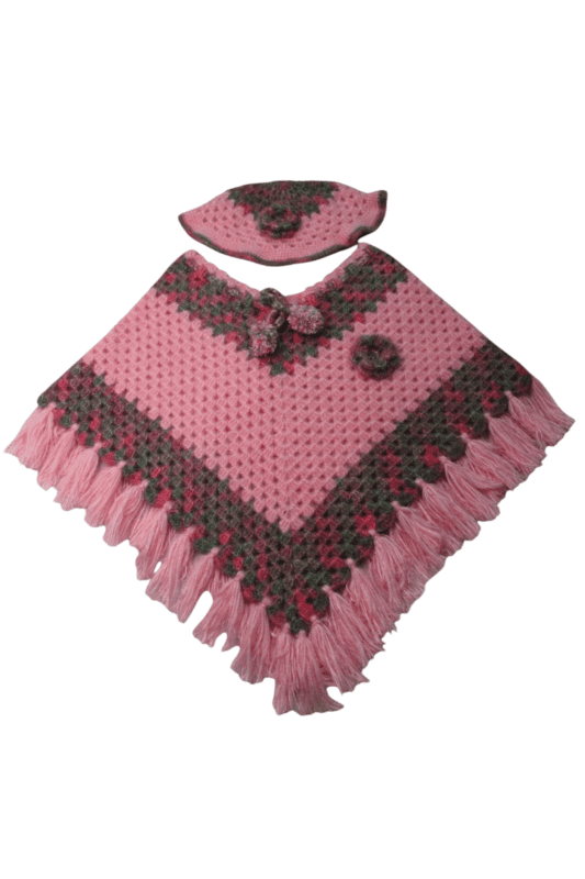 Handmade Crochet Poncho with Cap for Kids, Pink, 6-7 Years