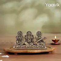 Lord Ganesha with Lakshmi and Saraswati – Sacred Trinity Blessing | Fine Brass | 2.8”