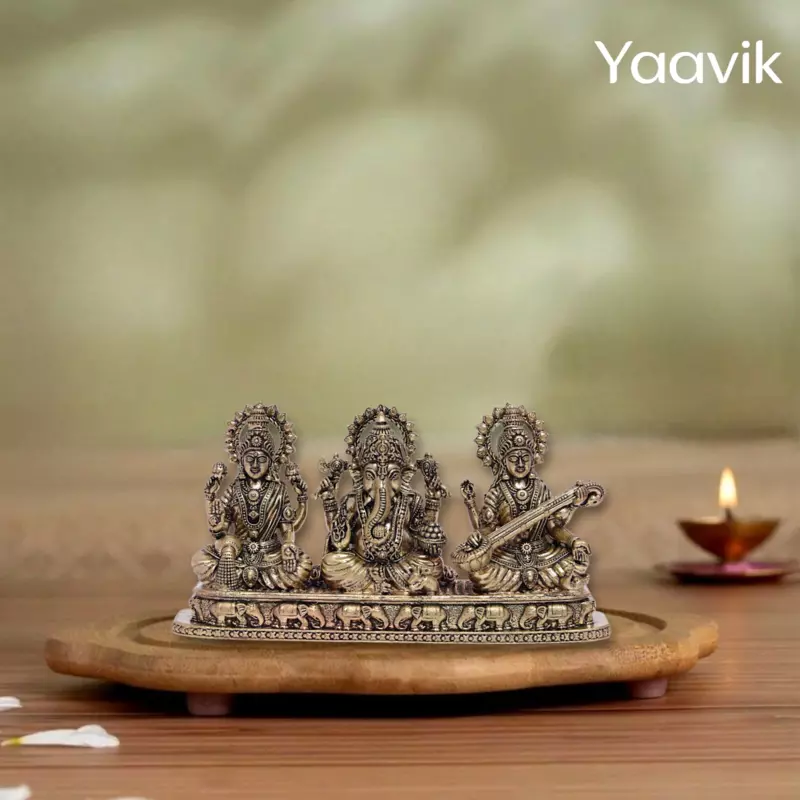 Lord Ganesha with Lakshmi and Saraswati – Sacred Trinity Blessing | Fine Brass | 2.8”