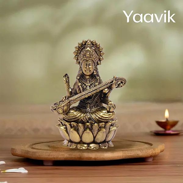 Goddess Saraswati – Lotus Wisdom | Fine Brass | 3”
