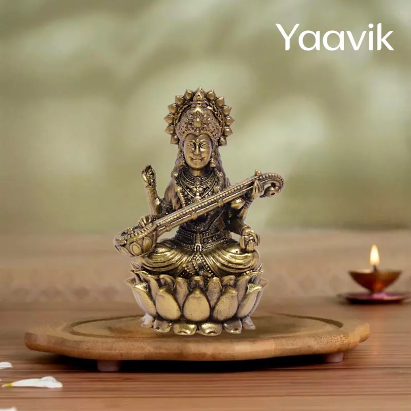 Goddess Saraswati – Lotus Wisdom | Fine Brass | 3”