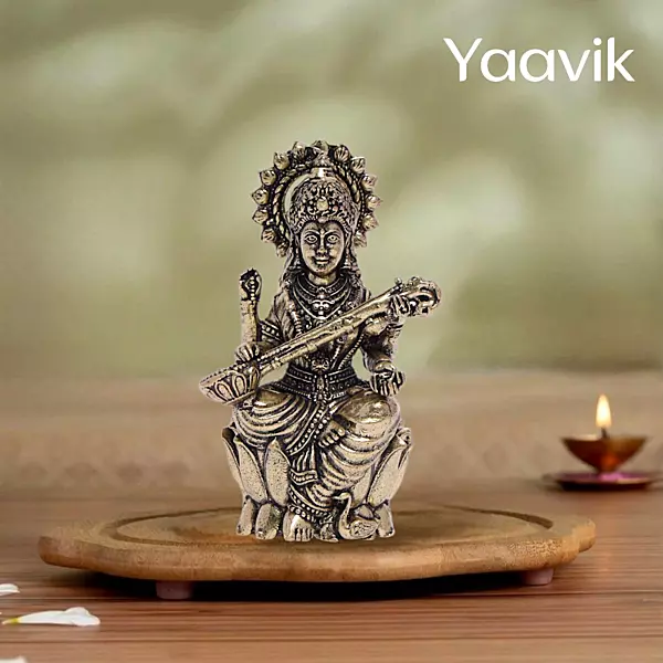 Goddess Saraswati – Lotus Wisdom | Fine Brass | 2.5”