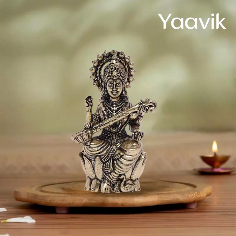 Goddess Saraswati – Lotus Wisdom | Fine Brass | 2.5”