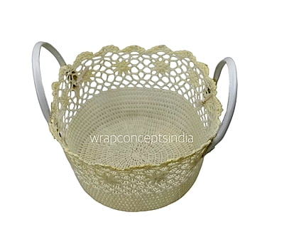 Cream Round Crochet Basket with faux leather handles