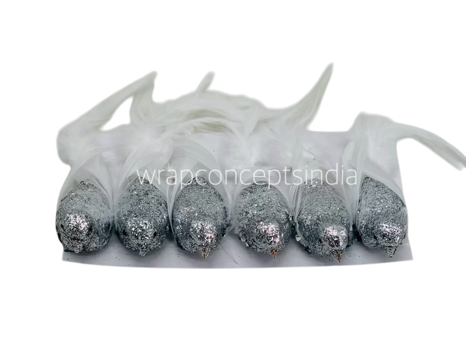 Glittery Birds with Feather Tails (Multicolour)-White