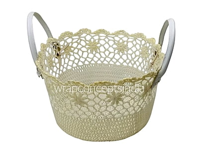 Cream Round Crochet Basket with faux leather handles