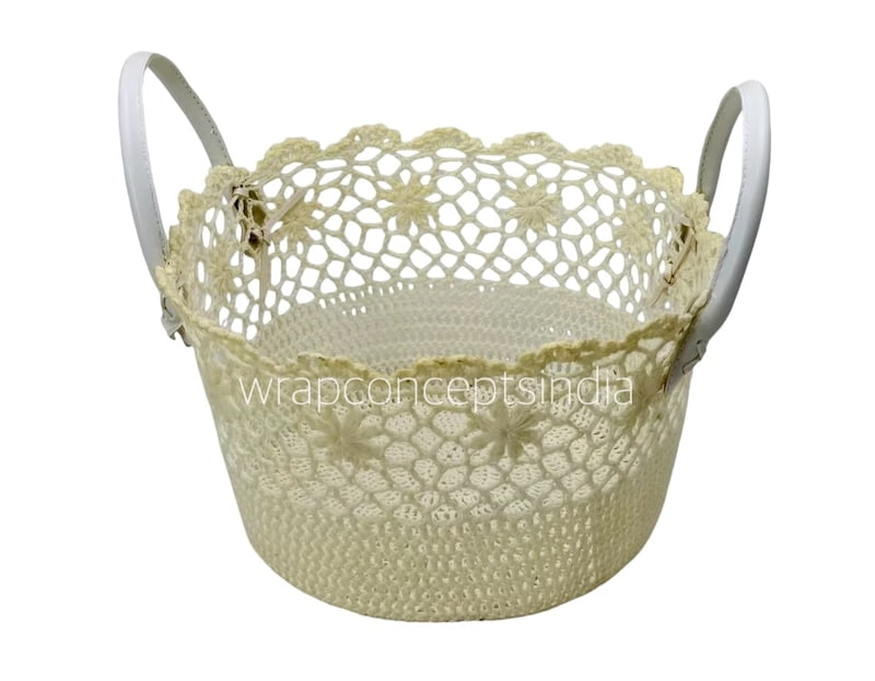 Cream Round Crochet Basket with faux leather handles