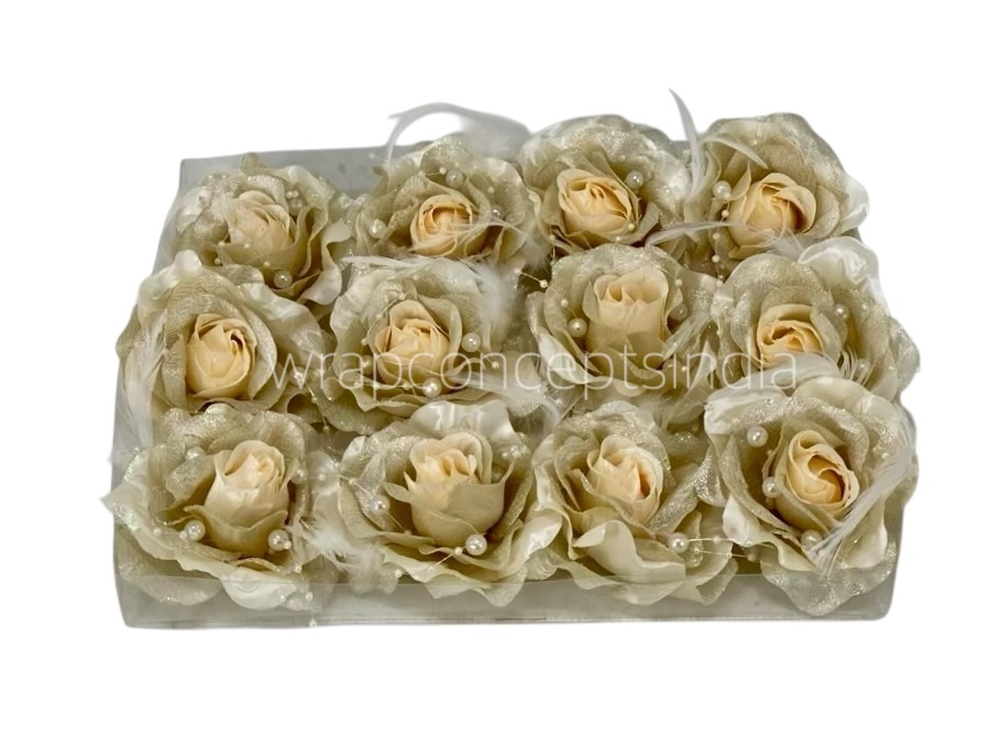 Champagne Rose With Feather & Pearl String