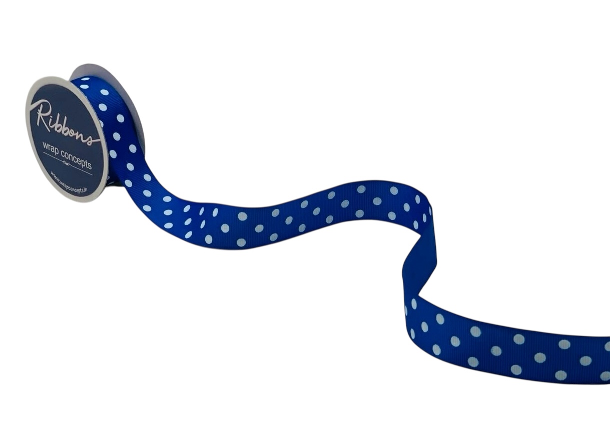 Polka Dot Ribbon - Blue With White-Blue-2.5 cms-10 yards