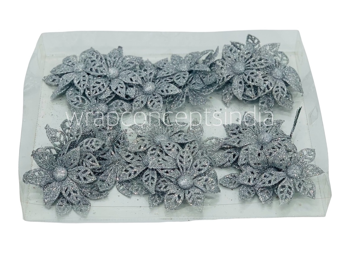 Glitter Flower on stick - Silver