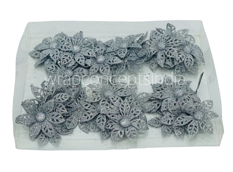 Glitter Flower on stick - Silver