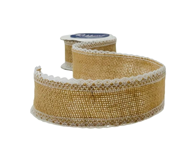 Natural Burlap with Side White Lace - 50 mm