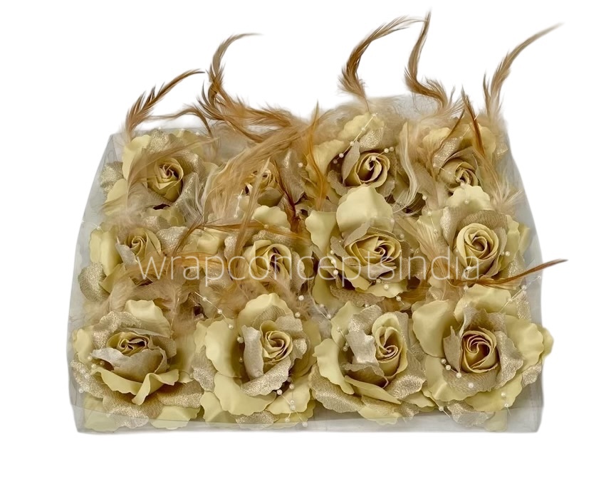 Light Gold Rose With Feather & Pearl String Light Gold Rose With Feather & Pearl String