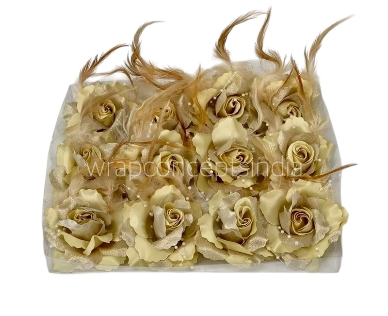 Light Gold Rose With Feather & Pearl String