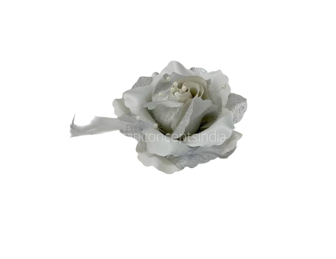 Silver Rose With Feather & Pearl String