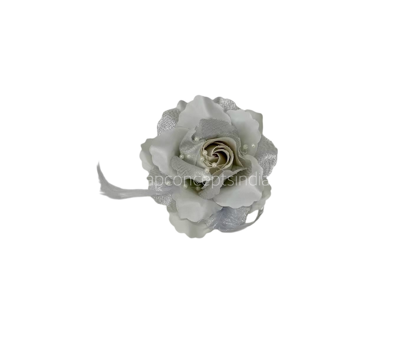 Silver Rose With Feather & Pearl String