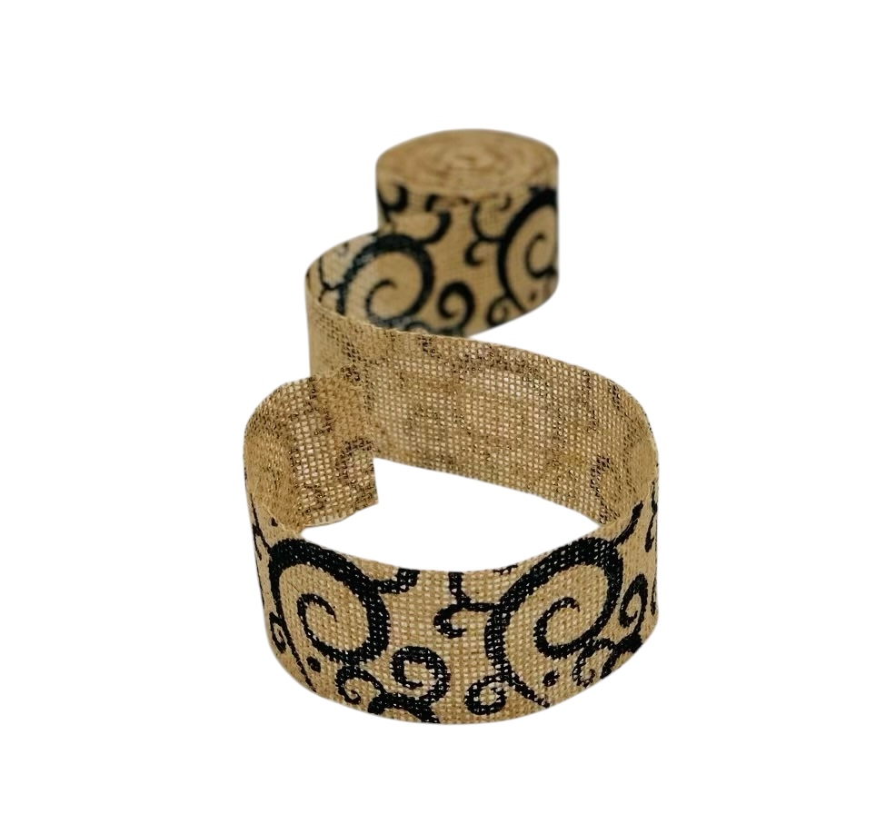 Burlap ribbon with Black Swirls