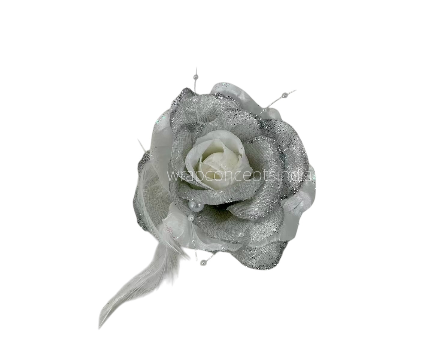 White Silver Rose With Feather & Pearl String