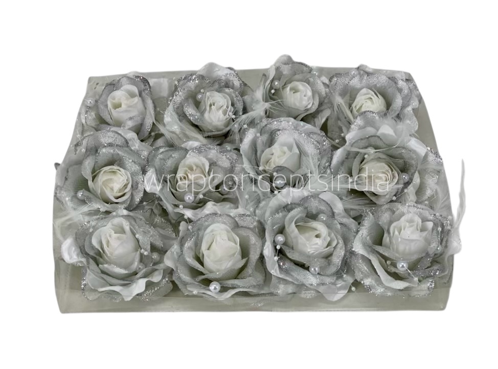 White Silver Rose With Feather & Pearl String