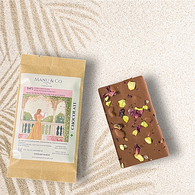 54% Dark Chocolate, Rose Petals & Pistacjio 54% Dark Chocolate, Rose Petals & Pistacjio
