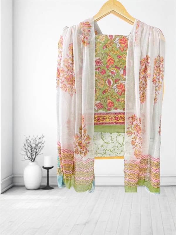Sanganeri Cotton Chiffon Dupatta Unstitched Suit #4