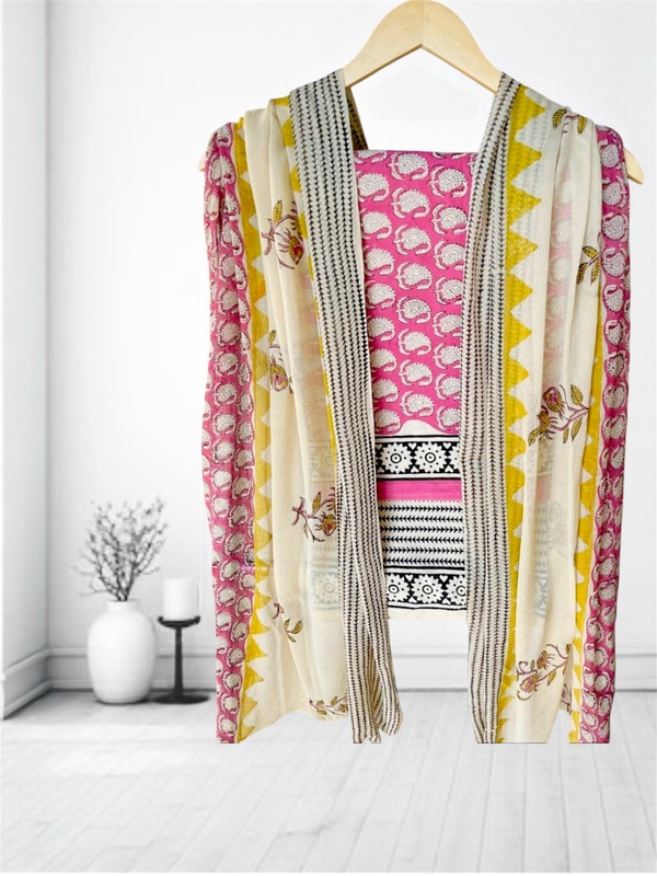 Sanganeri Cotton Chiffon Dupatta Unstitched Suit #9
