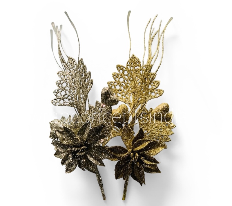 Glitter Poinsettia Pick – Gold/Champagne (Pack of 4)