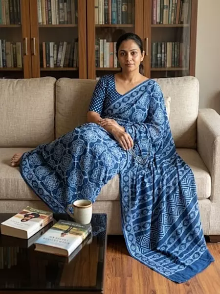 Mul Cotton Indigo Akola Dabu Print Saree-5