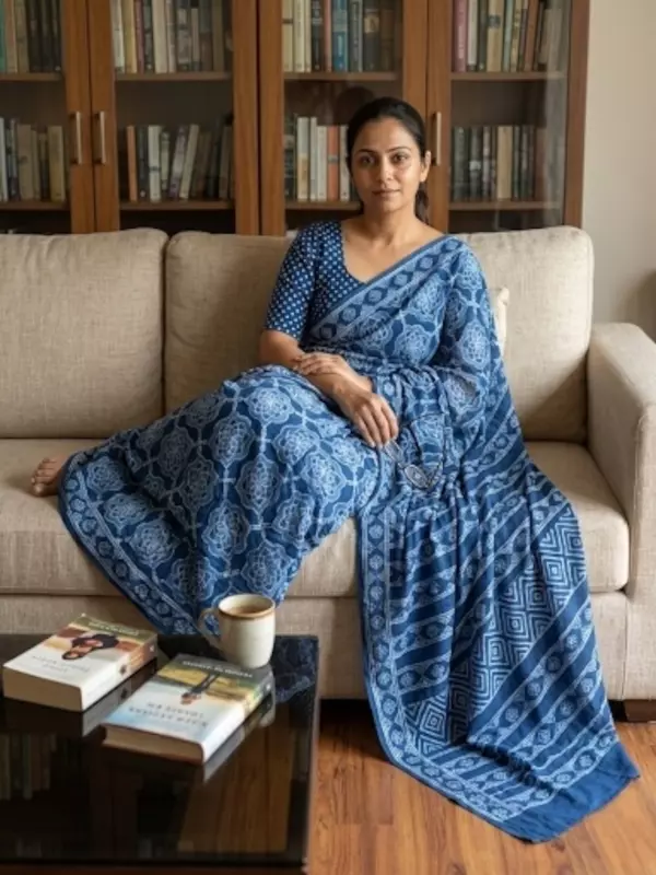 Mul Cotton Indigo Akola Dabu Print Saree-5
