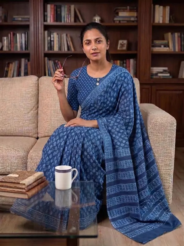 Mul Cotton Indigo Akola Dabu Print Saree-3