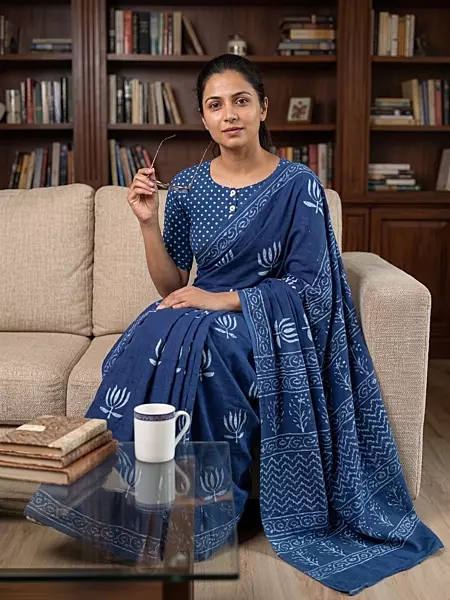 Mul Cotton Indigo Akola Dabu Print Saree-2